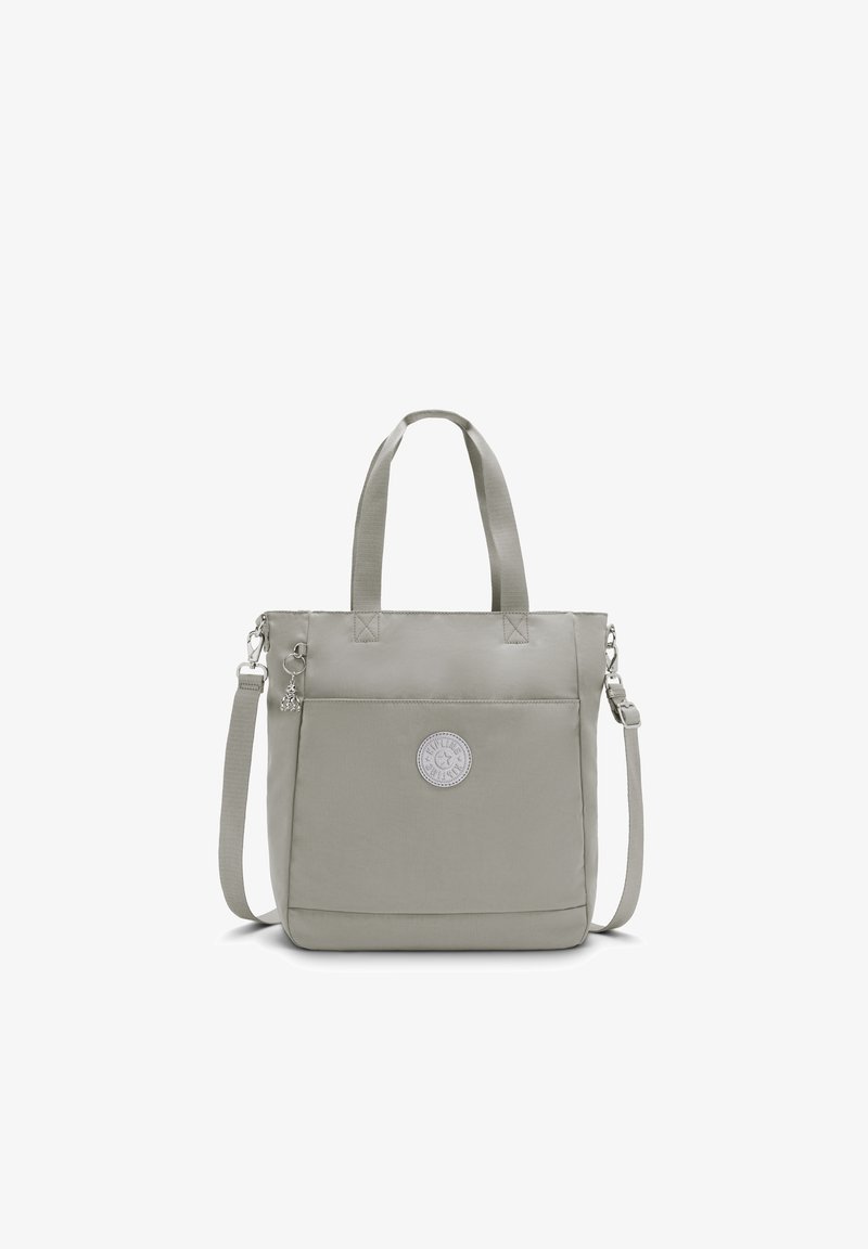 Gray tote bag with dual handles, adjustable shoulder strap, zippered closure, front pocket, and a circular logo patch on the front.