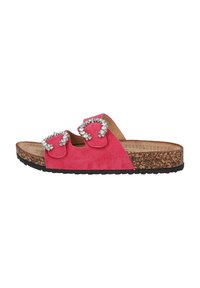 Pink suede slide sandals feature two decorative buckles with rhinestones. The cork footbed is paired with a textured black rubber outsole.
