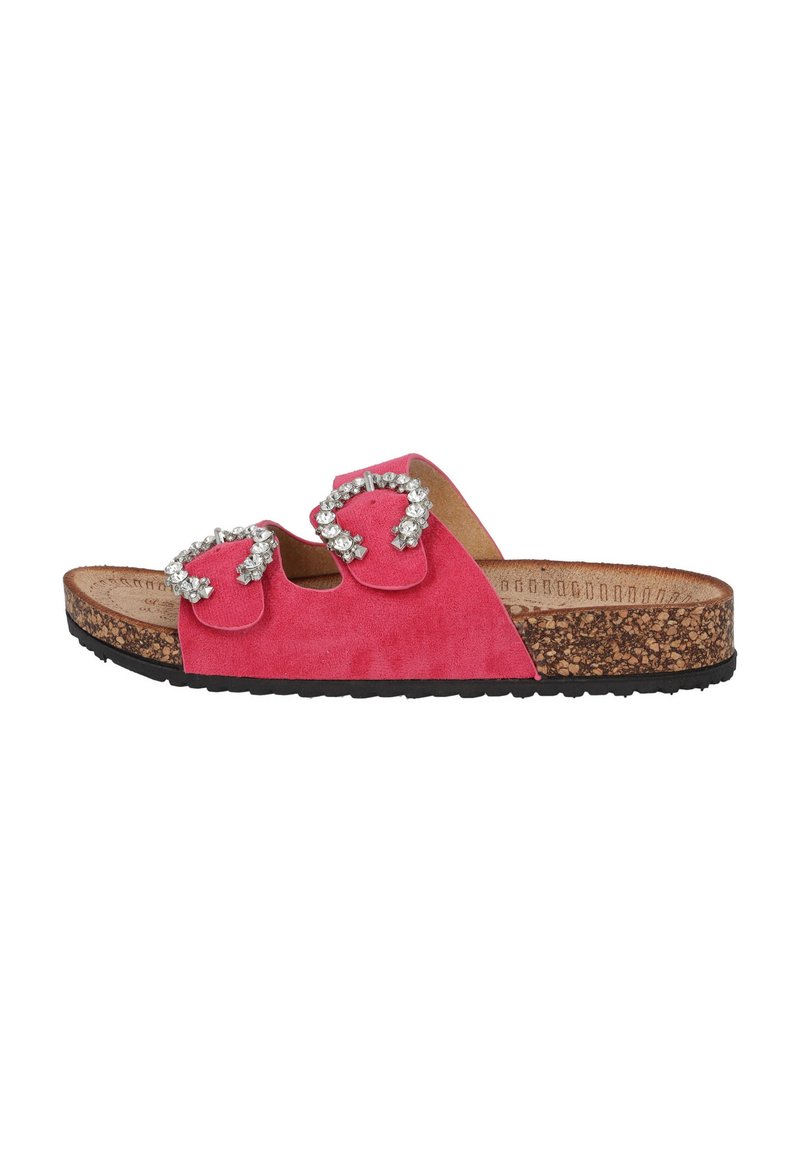 Pink suede slide sandals feature two decorative buckles with rhinestones. The cork footbed is paired with a textured black rubber outsole.