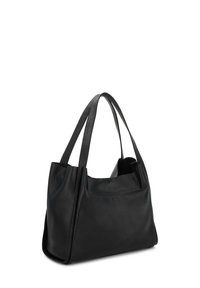 Bolsa tote de cuero negro con dos asas largas, textura suave, diseño espacioso y un sutil bolsillo exterior. Forma simple y moderna.