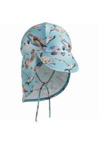 Gorro azul claro com um estampado colorido de tartaruga marinha. Inclui uma aba larga e uma proteção para o pescoço para proteção solar, fixado com laços ajustáveis.