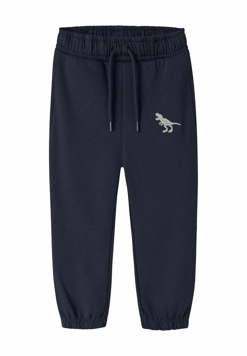 Granatowe spodnie dresowe z elastycznym paskiem w talii i regulowanym sznurkiem, ozdobione jasnym haftem dinozaura z przodu.