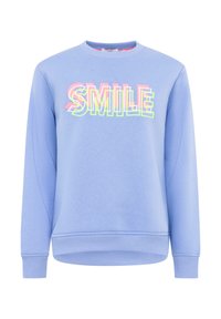 Hellblaues Sweatshirt mit Rundhalsausschnitt, gerippten Bündchen und Saum. Mit auffälligem, mehrfarbigem "SMILE"-Grafik in Pink, Gelb und Grün.