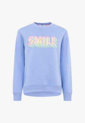 Hellblaues Sweatshirt mit Rundhalsausschnitt, gerippten Bündchen und Saum. Mit auffälligem, mehrfarbigem "SMILE"-Grafik in Pink, Gelb und Grün.