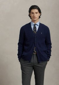 Jeune homme portant un cardigan en tricot à torsades marine sur une chemise bleue et une cravate rayée, avec un pantalon gris, se tenant devant un fond uni.