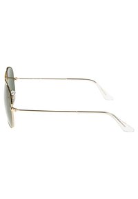 Gold metal sunglasses with green tinted lenses, thin arms, and clear plastic tips. Rectangular frame design with smooth finish.