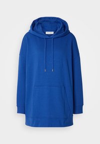 Blaues übergroßes Hoodie aus Baumwollmischgewebe. Es verfügt über eine Kordelzugkapuze, eine Fronttasche und gerippte Bündchen für eine entspannte Passform.