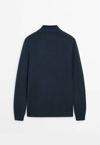 Navy blue sweater featuring a funnel neck, long sleeves, ribbed cuffs, and a smooth texture. Back view shows minimal detailing.