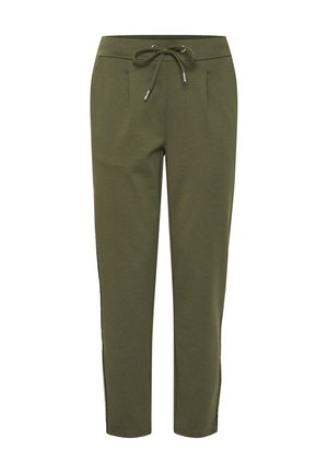 Pantalons de jogging vert olive en tissu doux avec taille à cordon de serrage ajustable, deux poches latérales et coupe slim.
