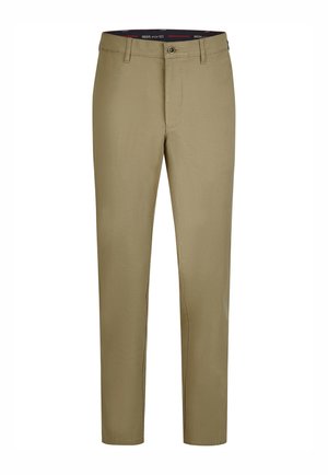 Gerade geschnittene, beige Herrenhose mit Gürtelschlaufen, vorderem Knopf und Reißverschluss.