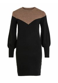 Strickkleid mit schwarzem Oberteil und braunem Zickzackmuster am Ausschnitt. Verfügt über lange, gepuffte Ärmel und gerippte Bündchen. Leichter Stoff.