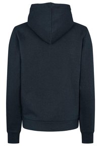 Mörkblå hoodie i tyg med en mjuk textur. Har en huva med dragsko och ribbade muddar och nederkant. Inga framdesign detaljer.