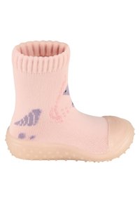 Rosa gestrickter Stiefel mit geripptem Bündchen, das lila Vogelmuster aufweist. Gummisohle mit kleinen Punkten für Griffigkeit. Leichtes und flexibles Design.