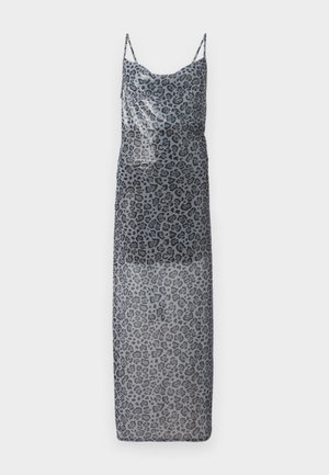 Leopard print maxi dress in transparent grey fabric. Features thin straps and a loose fit, displaying an ombre effect from dark to light.