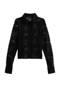 Czarna koronkowa koszula z guzikami, z długimi rękawami, z kołnierzykiem, teksturowanym wzorem kwiatowym oraz zapięciem na guziki z przodu.