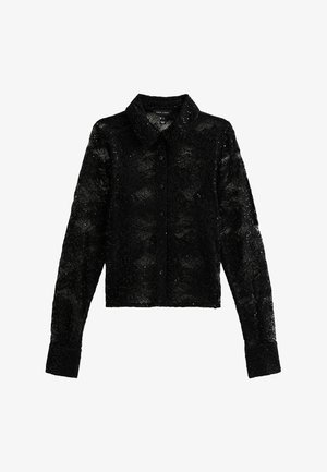 Zwarte kanten blouse met lange mouwen, voorzien van een kraag, een textuur met bloemig patroon en een vooraan sluiting met knopen.