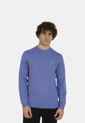Maglione lavorato a maglia di un azzurro chiaro, con collo rotondo e maniche lunghe. Presenta un piccolo logo sul petto e polsini e orlo a costine.