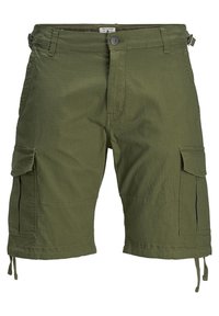Short cargo vert olive avec fermeture par bouton et zip, deux poches latérales à rabat, passants de ceinture et sangles latérales réglables à l'ourlet.