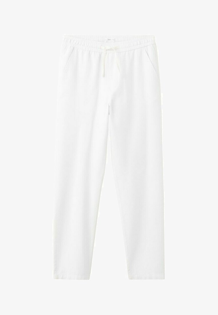 Biele voľnočasové nohavice s elastickým pásom a šnúrkou, vybavené bočnými vreckami a rovnými nohavicami.