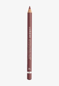 LUMENE Lápiz de labios de color luminoso, lápiz afilado con un tono burdeos, presenta un acabado brillante y un acento plateado cerca de la base.