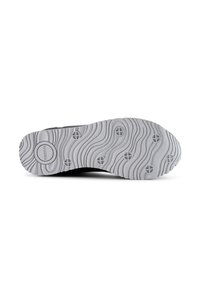Suola di scarpa nera con una texture ondulata, di colore grigio, dettaglio di logo circolare e grip a motivo per trazione.