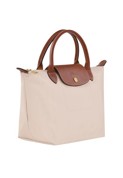 Beige nylon tote bag with brown leather accents, textured handles, and a flat pocket. Features zipper closure and gold hardware.