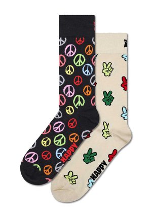 Calcetines negros y crema con patrones coloridos de signos de paz y gestos de mano. Material suave, diseños contrastantes, con el texto "HAPPY" en los laterales.