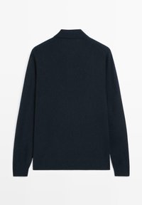 Navy blue long-sleeve sweater with a collared neckline, crafted from soft fabric, featuring a smooth texture and minimalist design.