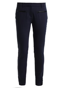 Navy slim-fit byxor gjorda av ett slätt tyg, med två framfickor med dragkedja och en tapered bendesign med åtsittande mudd.