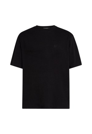 Schwarzes T-Shirt mit kurzen Ärmeln aus Baumwolle, mit Rundhalsausschnitt und einem kleinen, geprägten Logo auf der linken Brustseite.