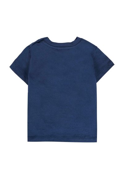 Granatowa koszulka dla małego dziecka z krótkim rękawem, okrągłym dekoltem, gładkim materiałem i prostym wzorem, pokazana z tyłu.