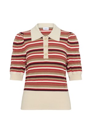 Polo en maille à manches courtes avec col beige, patte de boutonnage, manches bouffantes et rayures horizontales aux tons rouge, marron et crème.