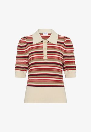 Strikket polo med korte ermer, beige krage, knapperad, puffede ermer og horisontale striper i røde, brune og kremfargede toner.