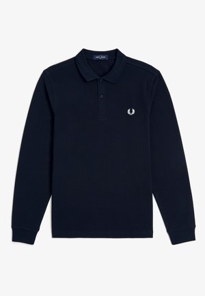 Marineblaue Langarm-Poloshirt mit Zweiknopf-Leiste und weißem Lorbeerkranz-Logo auf der linken Brust.