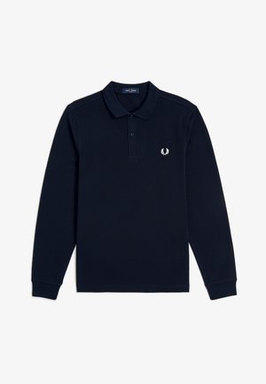 Marineblaue Langarm-Poloshirt mit Zweiknopf-Leiste und weißem Lorbeerkranz-Logo auf der linken Brust.
