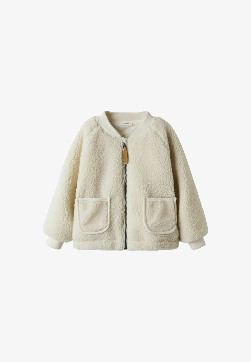 Flis jakna v off-white barvi, z zadrgo spredaj, rebrastim ovratnikom, dvema sprednjima žepoma in mehkimi, teksturiranimi tkaninami.