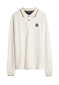 Lange mouw polo in lichtgrijze stof met een kraag, voorzien van marineblauwe en gele accentstreepjes, en een rond logo op de borst.