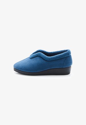 Blaue weiche Stoffpantoffel mit schwarzer Sohle und gepolstertem Rand, für Komfort und Unterstützung im Innenbereich entwickelt.