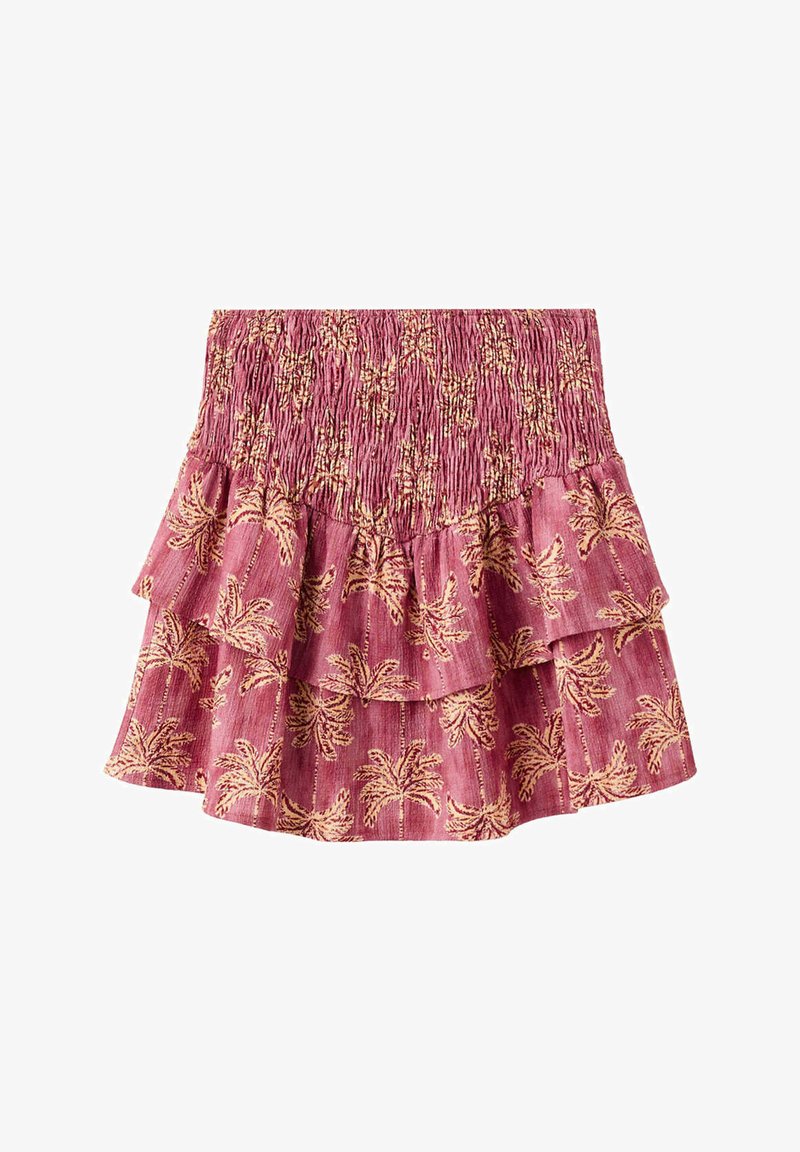 Jupe rose à volants avec taille smockée élastique ornée d’un motif beige de palmiers et de couches à volants.