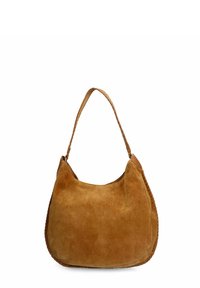 Brown suede handbag with a slouchy design, curved top, and a braided strap. Features a smooth texture and rounded shape.