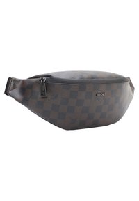 Brown leather fanny pack with a checkered pattern, zip closure, and JOOP! logo on the side. Smooth texture and rounded shape.