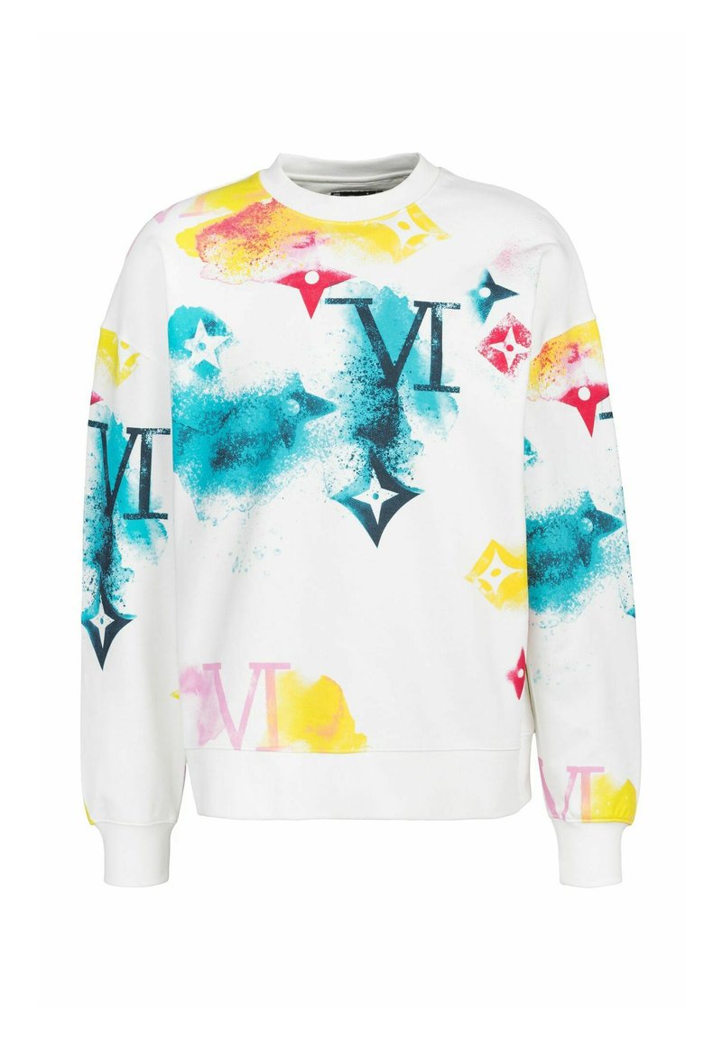 Witte sweatshirt met een kleurrijk spetterpatroon in blauw, roze, geel en rood, met logo-accenten en geribde manchetten en zoom.