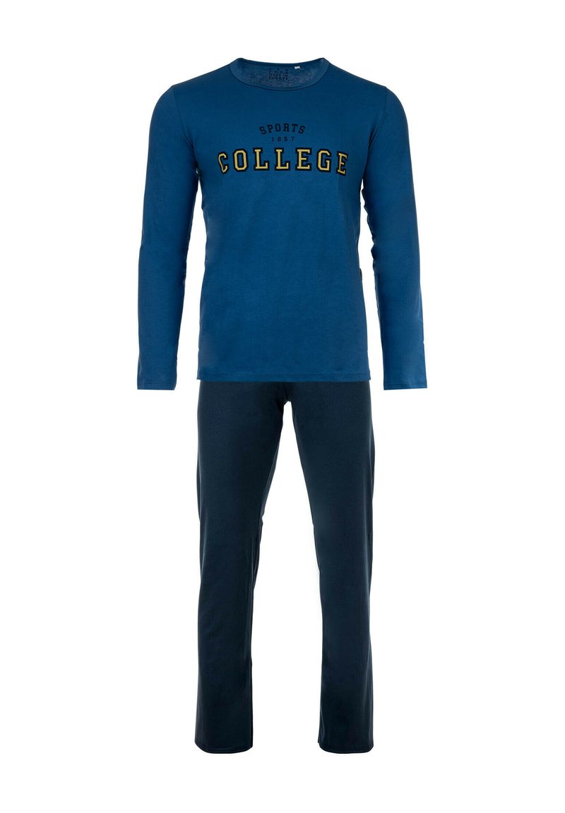 Navyblauwe langesleeve T-shirt bedrukt met "COLLEGE" in geel, gecombineerd met navyblauwe bijpassende broek, beide gemaakt van zachte katoenstof.