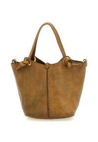 Borsa tote in pelle marrone con due manici, cinturini annodati vicino a occhielli in metallo dorato e una cucitura centrale con un piccolo dettaglio a bottone.