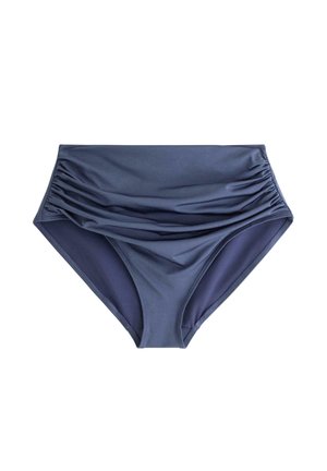 Marineblå bikinibund med høj talje og rynket detalje foran, glat stof og moderat benudskæring.