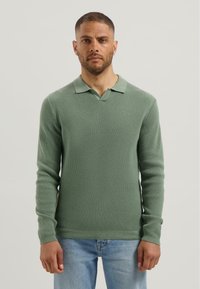 Man wearing a light green textured long-sleeve polo sweater and light blue jeans, standing against a plain light background.