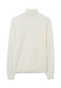 Rollkragenpullover in Cremefarbe aus weichem Strickstoff. Er verfügt über lange Ärmel und eine figurbetonte Silhouette mit gerippten Bündchen und Saum.