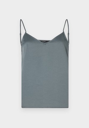 Grijze, satijnen camisole met een V-halslijn, verstelbare spaghettibandjes en een gladde textuur. Rechte zoom zonder patronen of accenten.