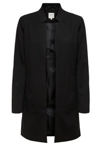 Lång svart lättviktsrock utan krage, med öppen front, sidofickor och slät innerfoder. Minimal detaljering, elegant silhuett.