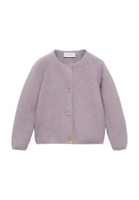 Cardigan tricotat mov cu mâneci lungi, guler rotund și nasturi din lemn pe față. Textură moale și manșete cu model ajurat.